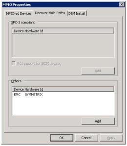MPIO Dialog box - Discover Multi-Paths Tab